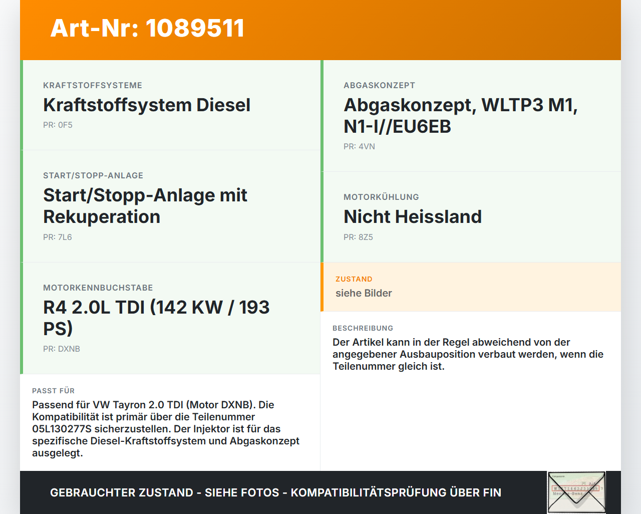 VW Tayron R41  TDI 2,0 142KW Injektor Einspritzdüse Zyl.3 VW Tayron R41 20.08.2025 0445111221 05L130277S gebraucht Vorschau 3