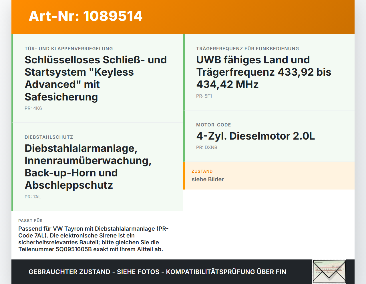 VW Tayron R41 Alarmanlage Alarm Summer Sirene VW Tayron R41 20.08.2025 5Q0951605B gebraucht Vorschau 3