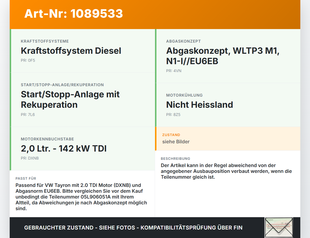 VW Tayron R41  TDI 2,0 142KW DXNB Differenzdrucksensor VW Tayron R41 20.08.2025 05L906051A 04L906051R 85MPP20-01... Vorschau 3