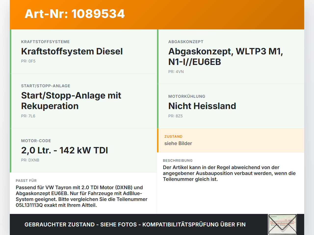 VW Tayron R41  TDI 2,0 142KW Injektor Einspritzdüse für  ADBlue Additiv VW Tayron R41 20.08.2025 05L131113Q... Vorschau 3