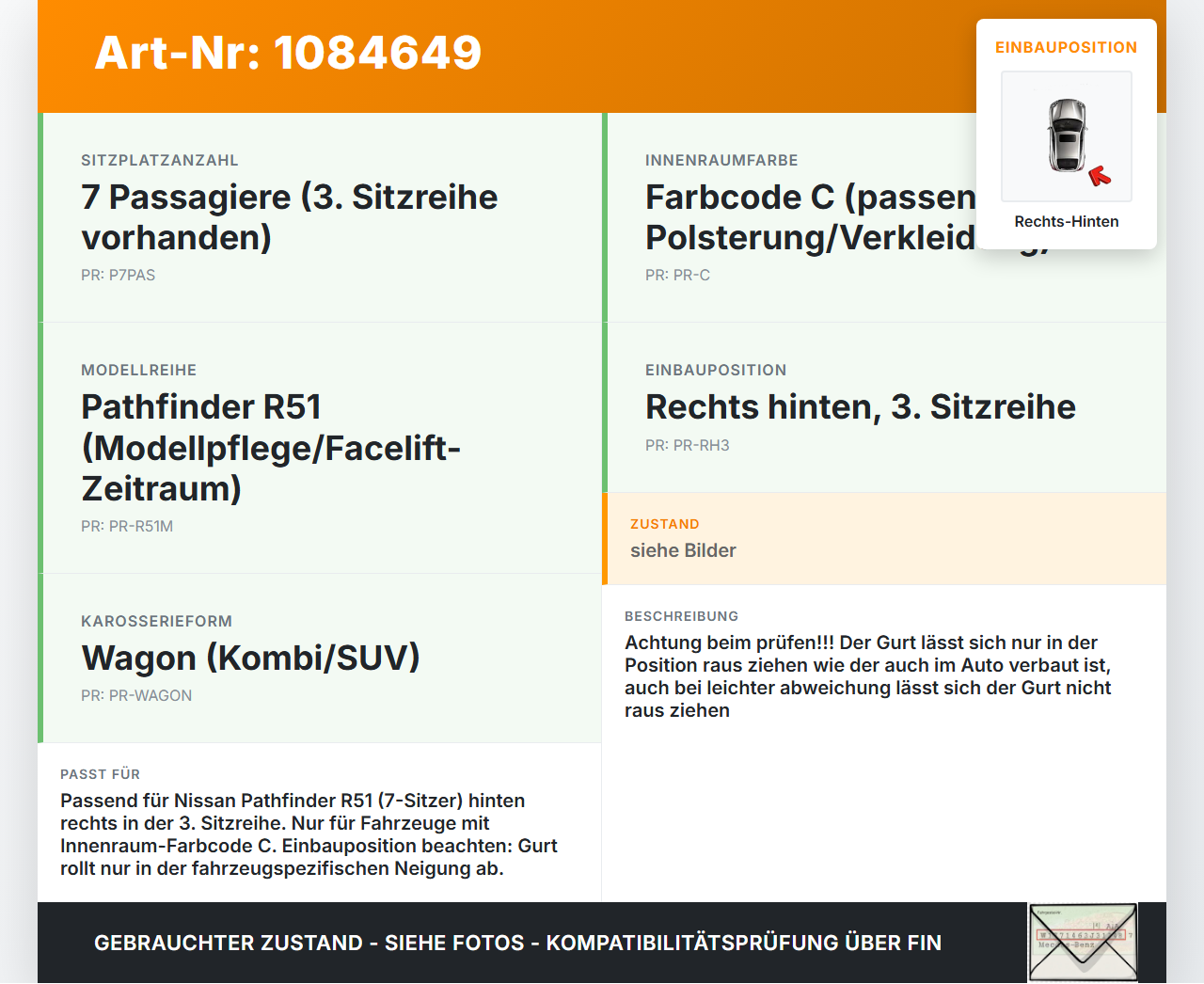 Nissan Pathfinder R51 05-10 Gurt Sicherheitsgurt Rechts Hinten 3te Reihe Nissan Nissan Pathfinder R51 05-10... Vorschau 3