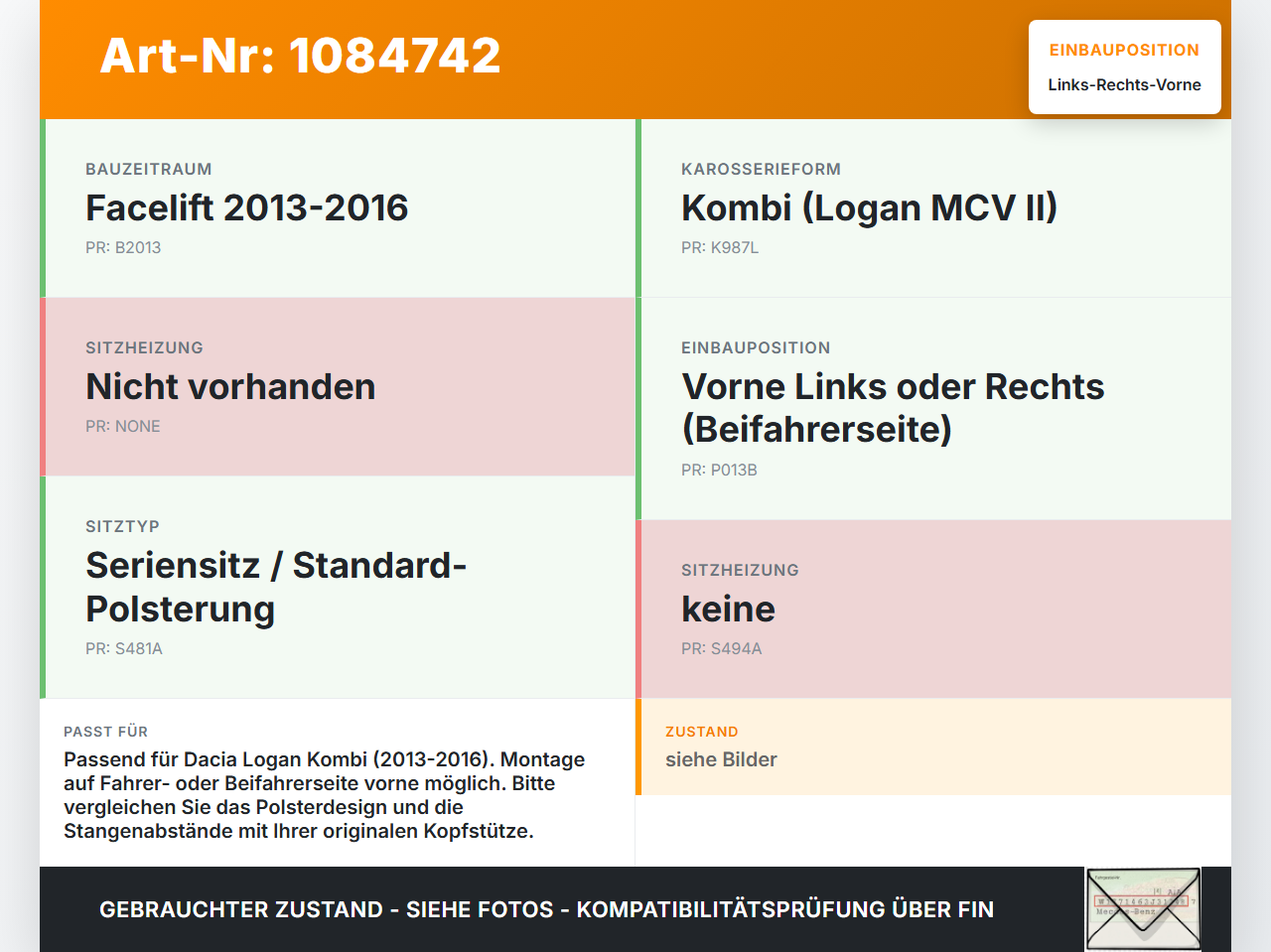 Dacia Logan 13-16 Kombi Kopfstütze für Beifahrer Sitz Rechts oder Links Vorne Dacia Logan 13-16 04.02.2014 gebraucht Vorschau 3