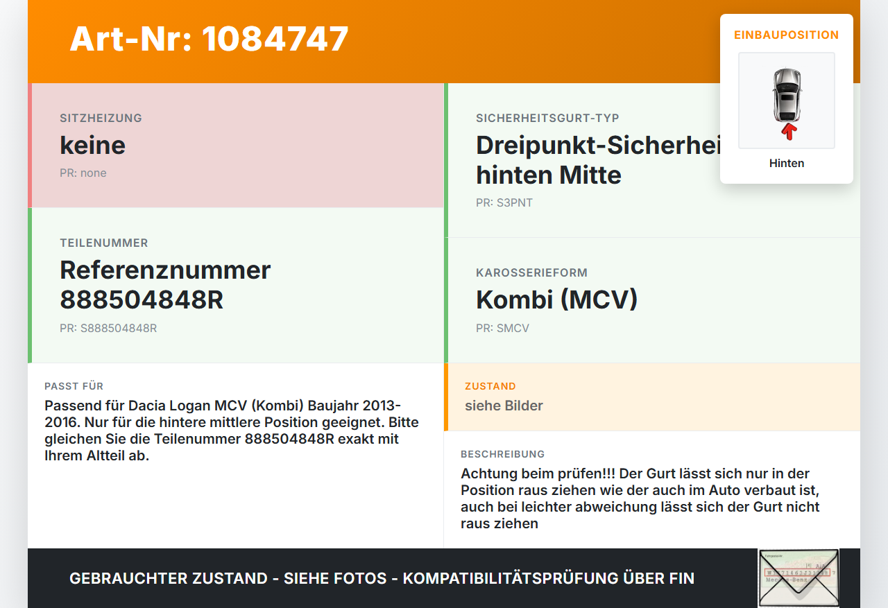 Dacia Logan 13-16 Kombi Gurt Sicherheitsgurt Mitte Hinten Dacia Logan 13-16 04.02.2014 888504848R gebraucht Vorschau 3