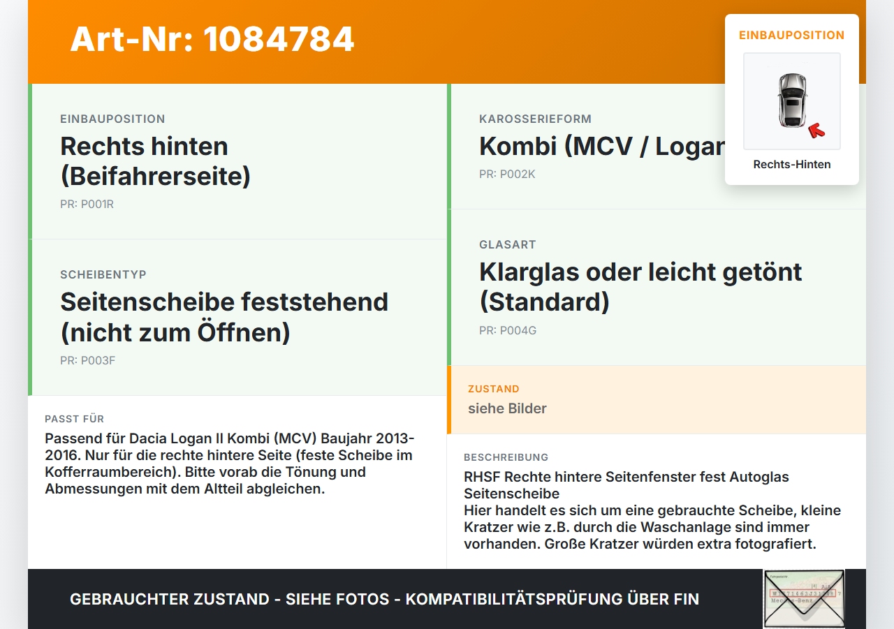Dacia Logan 13-16 Kombi Seitenscheibe Feste Scheibe Rechts Hinten Dacia Logan 13-16 04.02.2014 gebraucht Vorschau 3