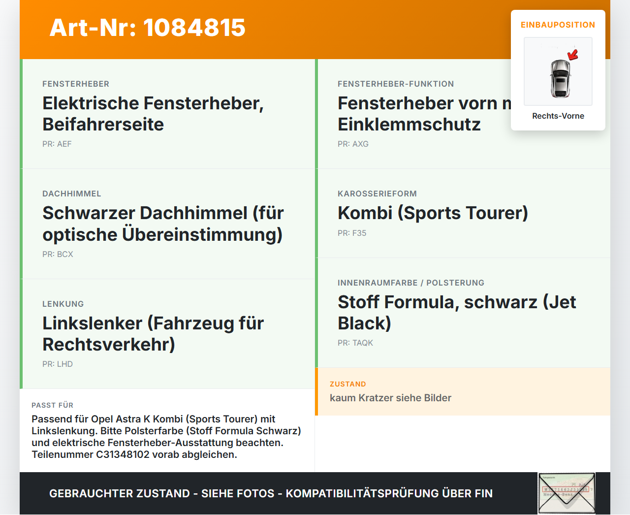 Opel Astra K B16 15-19 Kombi Türverkleidung Türpappe Rechts Vorne Opel Astra K B16 15-19 31.05.2016 C31348102 gebraucht Vorschau 3