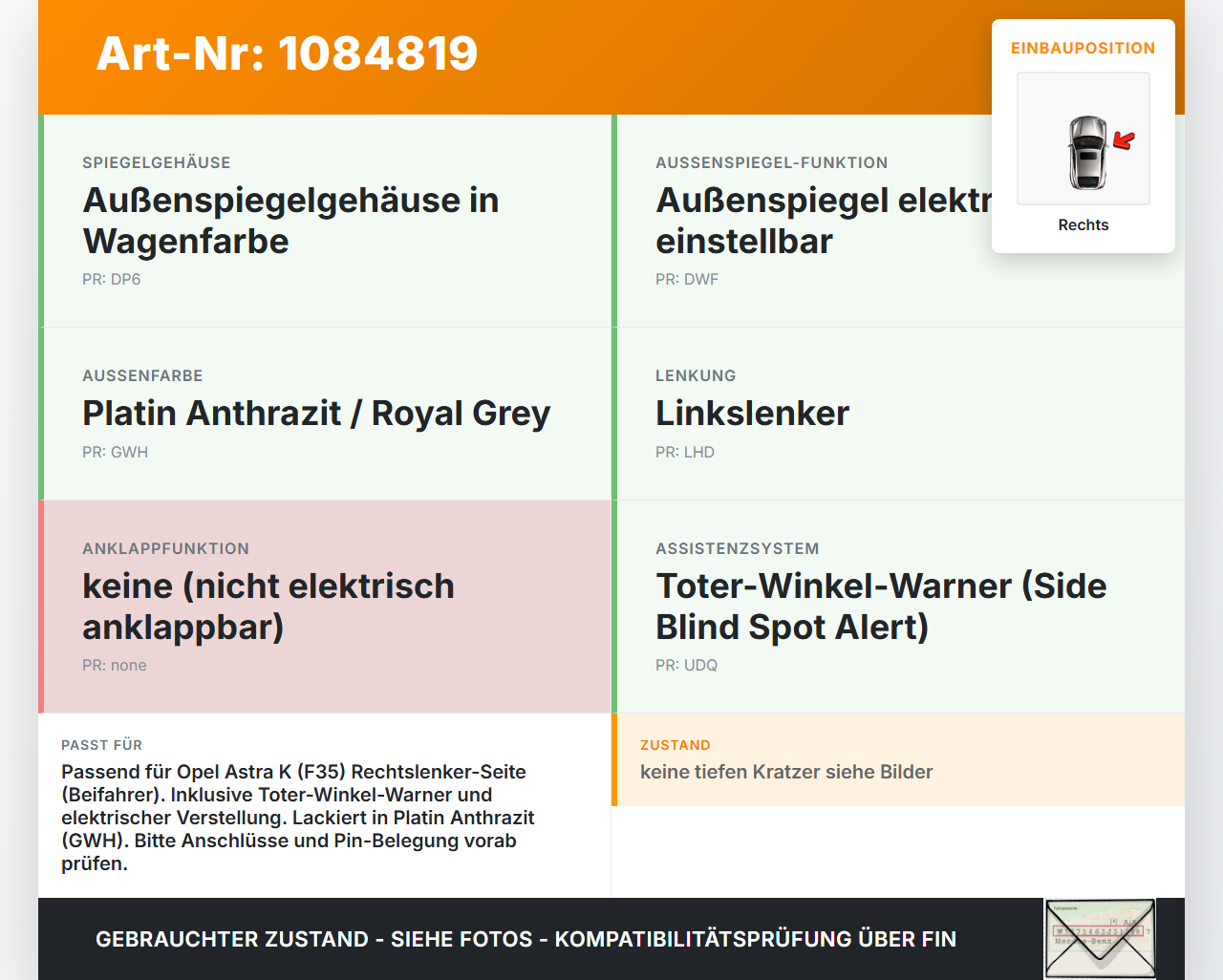 Opel Astra K B16 15-19 Spiegel Aussenspiegel Rechts GWH Opel Astra K B16 15-19 31.05.2016 gebraucht Vorschau 3
