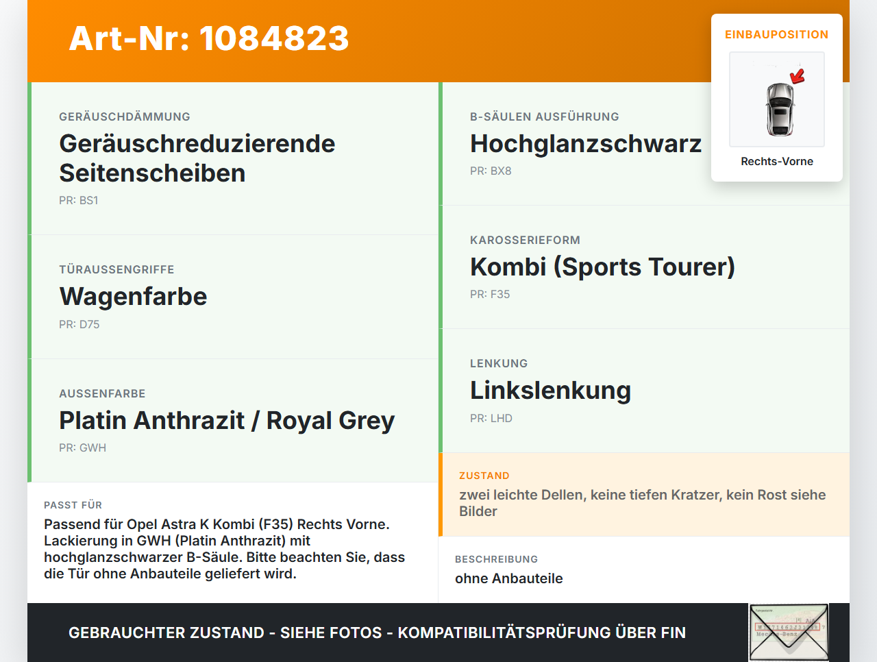 Opel Astra K B16 15-19 Kombi Tür Beifahrertür Rechts Vorne GWH Opel Astra K B16 15-19 31.05.2016 gebraucht Vorschau 3