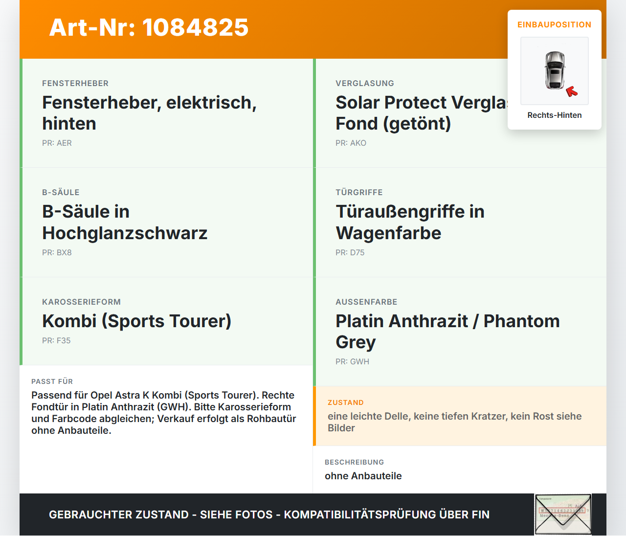 Opel Astra K B16 15-19 Kombi Tür Rohbautür Fondtür Rechts Hinten GWH Opel Astra K B16 15-19 31.05.2016 gebraucht Vorschau 3