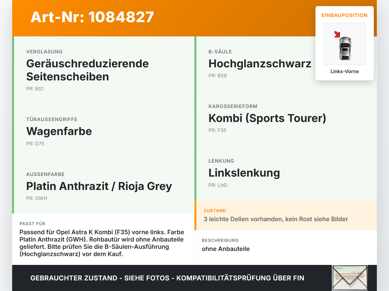 Opel Astra K B16 15-19 Kombi Tür tür Rohbautür Türkörper Links Vorne GWH Opel Astra K B16 15-19 31.05.2016 gebraucht Vorschau 3
