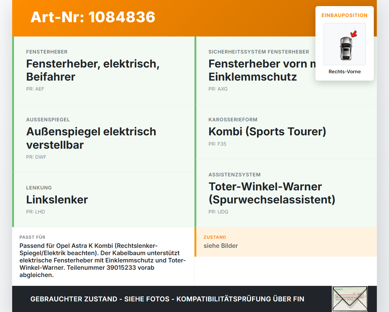 Opel Astra K B16 15-19 Kombi Kabelbaum für Tür und Fensterheber Rechts Vorne Opel Astra K B16 15-19 31.05.2016... Vorschau 3