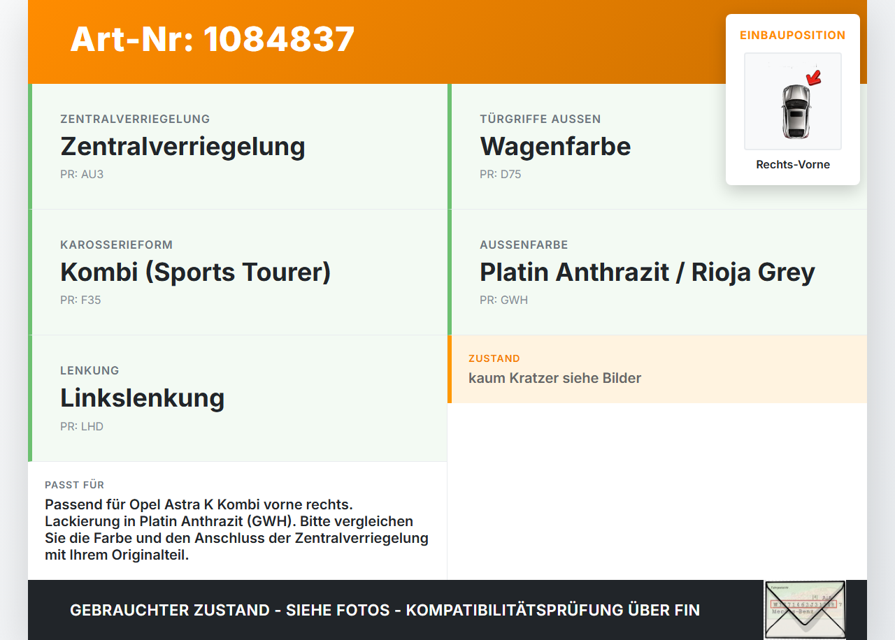 Opel Astra K B16 15-19 Kombi Türgriff Griff aussen Rechts Vorne GWH Opel Astra K B16 15-19 31.05.2016 gebraucht Vorschau 3