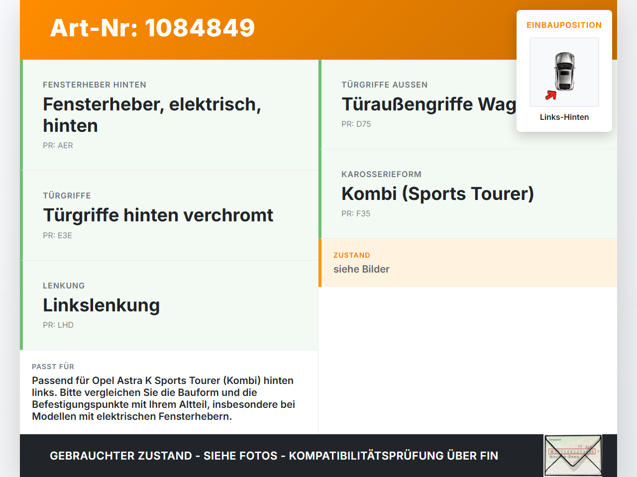 Opel Astra K B16 15-19 Kombi Türfangband Türbremse Türanschlag Links Hinten Opel Astra K B16 15-19 31.05.2016 gebraucht Vorschau 3