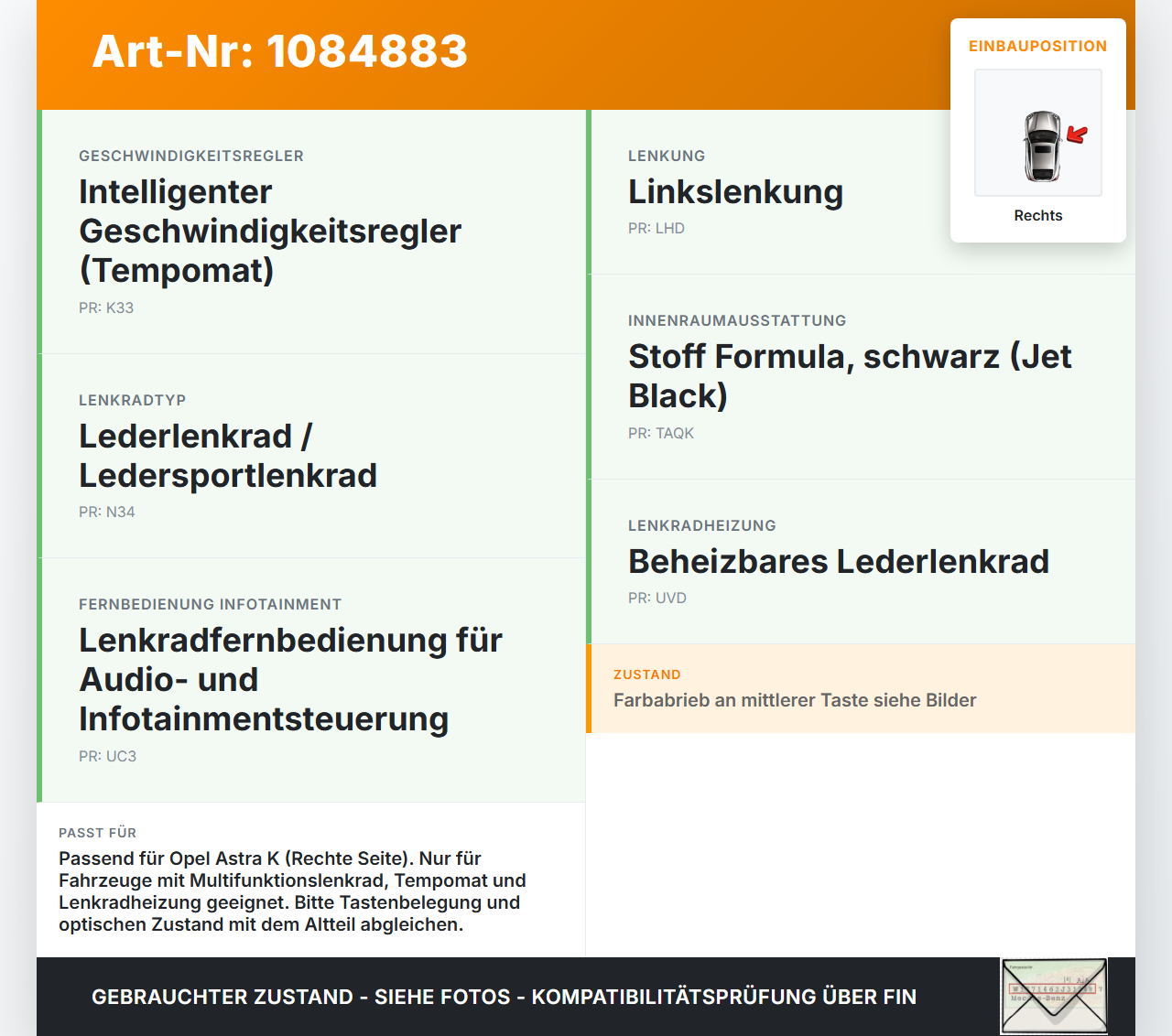 Opel Astra K B16 15-19 Lenkradschalter Multifunktionstasten Schalter für Lenkrad Rechts Opel Astra K B16 15-19... Vorschau 3