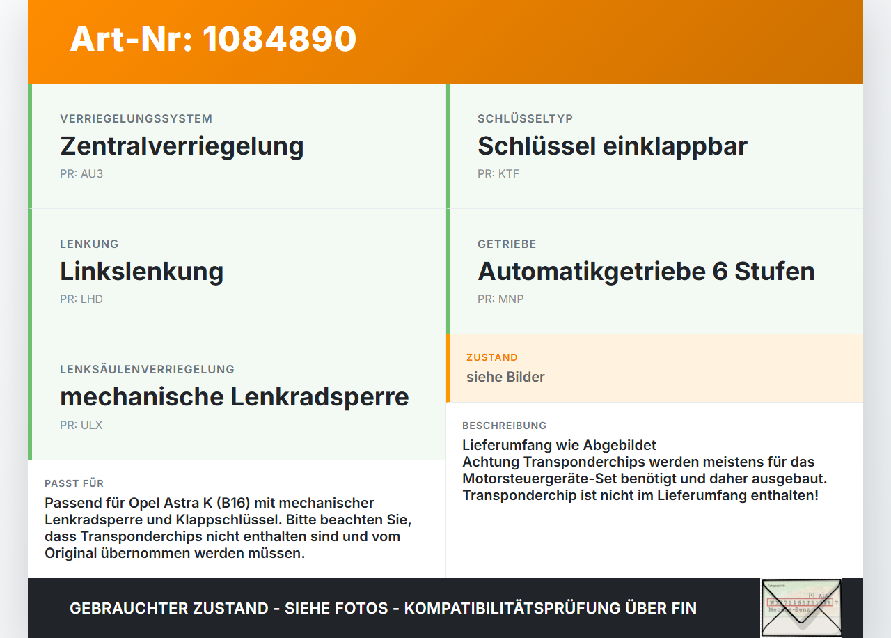 Opel Astra K B16 15-19 Zündschloss Türschloss Set mit 1 Funkschlüssel Opel Astra K B16 15-19 31.05.2016 2LL-00028AE... Vorschau 3