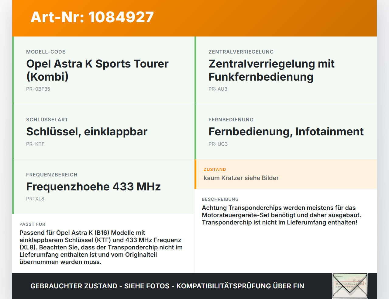 Opel Astra K B16 15-19 Fernbedienung Funk Funkschlüssel Opel Astra K B16 15-19 31.05.2016 gebraucht Vorschau 3