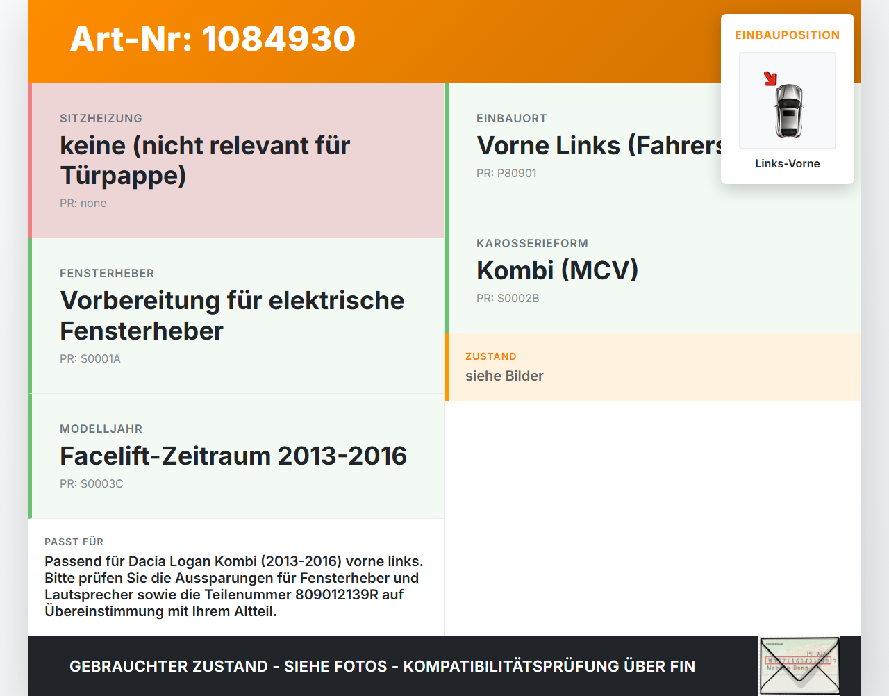 Dacia Logan 13-16 Kombi Türverkleidung Türpappe Links Vorne Dacia Logan 13-16 04.02.2014 809012139R gebraucht Vorschau 3