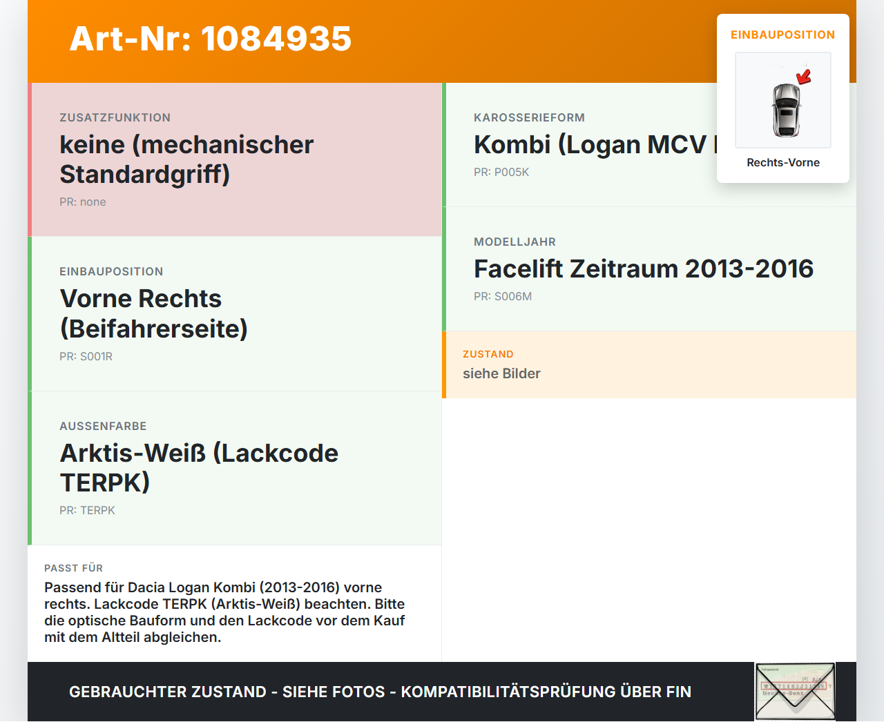 Dacia Logan 13-16 Kombi Türgriff Griff aussen Rechts Vorne TERPK Dacia Logan 13-16 04.02.2014 gebraucht Vorschau 3