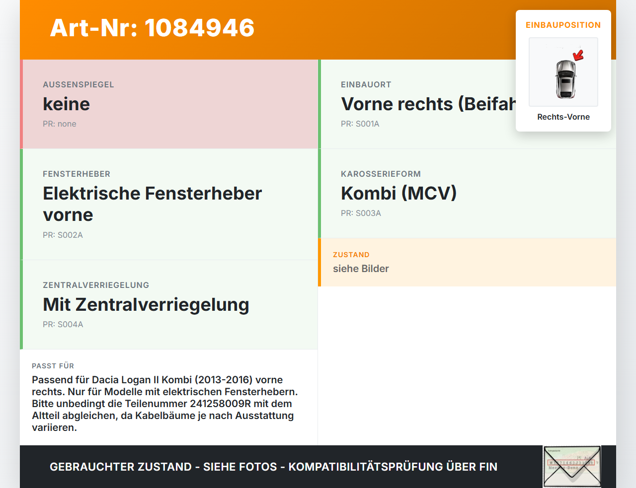 Dacia Logan 13-16 Kombi Kabelbaum für Tür und Fensterheber Rechts Vorne Dacia Logan 13-16 04.02.2014 241258009R... Vorschau 3
