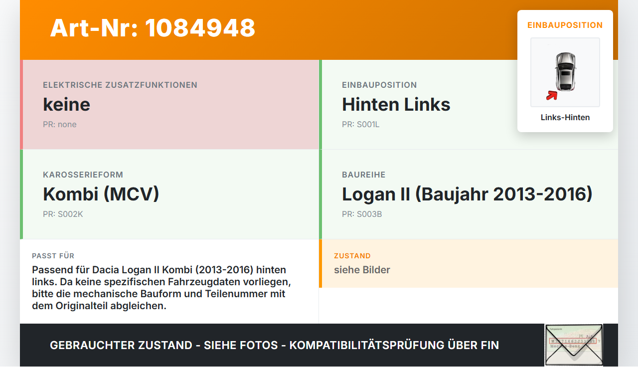 Dacia Logan 13-16 Kombi Türfangband  Türbremse Türanschlag Links Hinten Dacia Logan 13-16 04.02.2014 gebraucht Vorschau 3