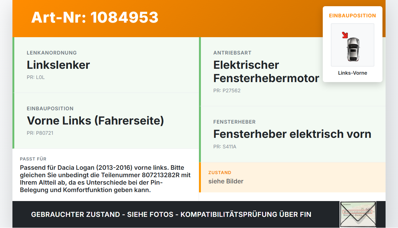Dacia Logan 13-16 Kombi Fensterhebermotor mit Fensterheber Links Vorne Dacia Logan 13-16 04.02.2014 807213282R gebraucht Vorschau 3