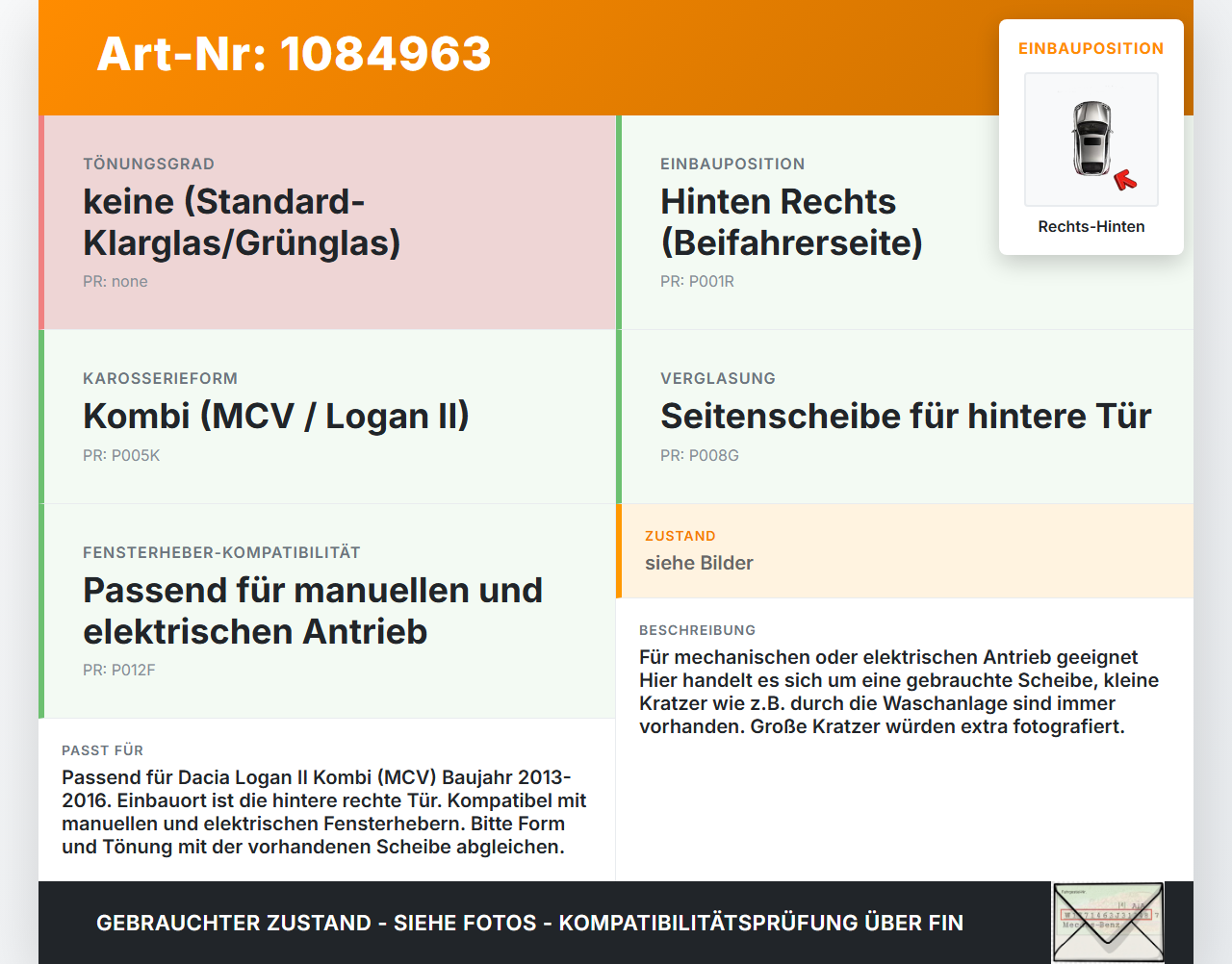 Dacia Logan 13-16 Kombi RHK Seitenscheibe für Tür Türscheibe Rechts Hinten Dacia Logan 13-16 04.02.2014 gebraucht Vorschau 3