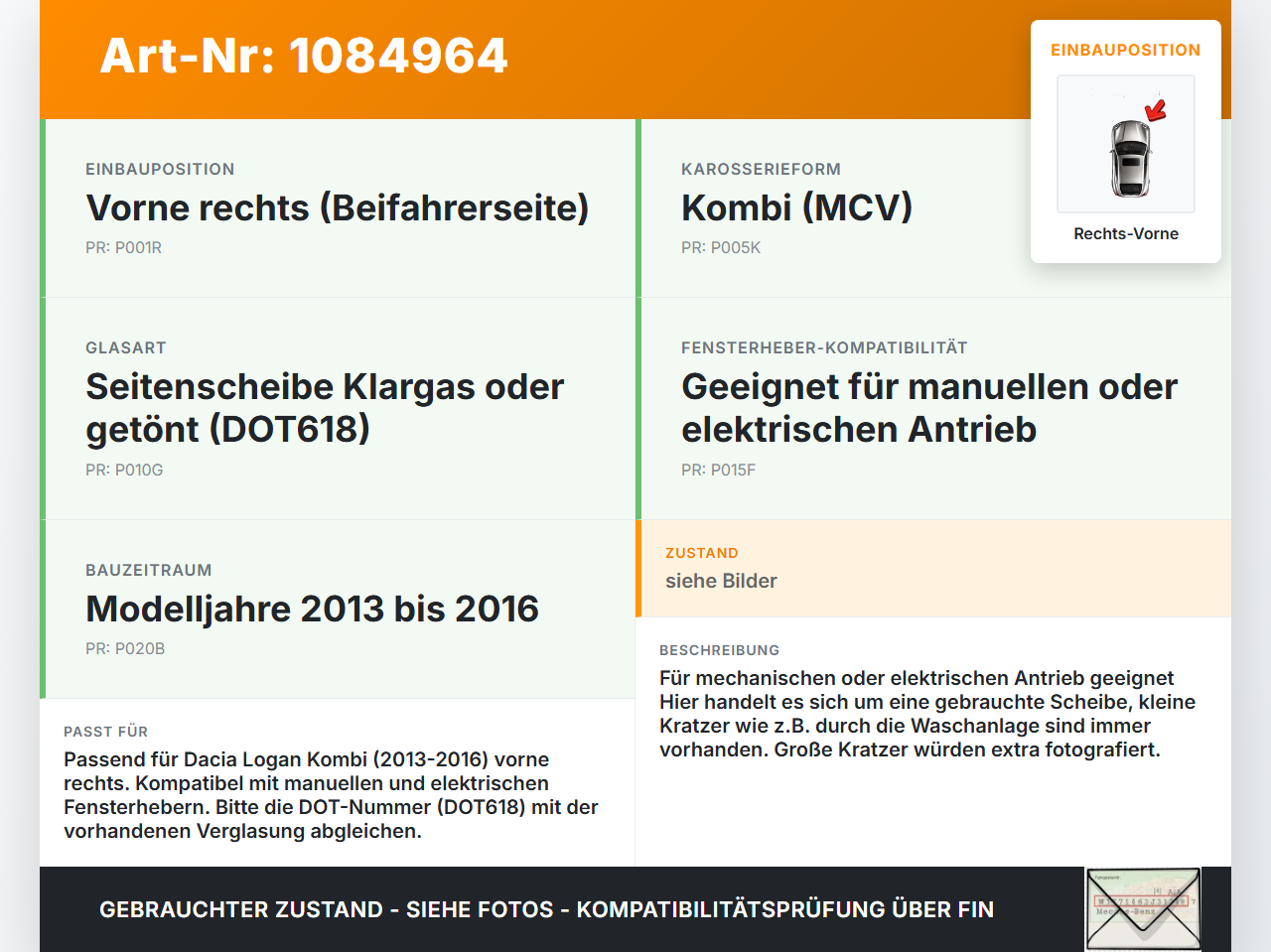 Dacia Logan 13-16 Kombi RVK Seitenscheibe für Tür Türscheibe Rechts Vorne Dacia Logan 13-16 04.02.2014... Vorschau 3