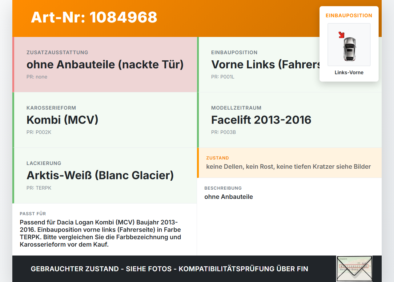Dacia Logan 13-16 Kombi Tür Fahrertür Links Vorne TERPK Dacia Logan 13-16 04.02.2014 gebraucht Vorschau 3