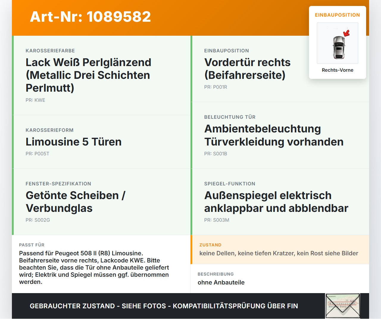 Peugeot 508 II 18-23 Lim Tür Beifahrertür Rechts Vorne KWE Peugeot 508 II 18-23 16.07.2019 9822028580 gebraucht Vorschau 3