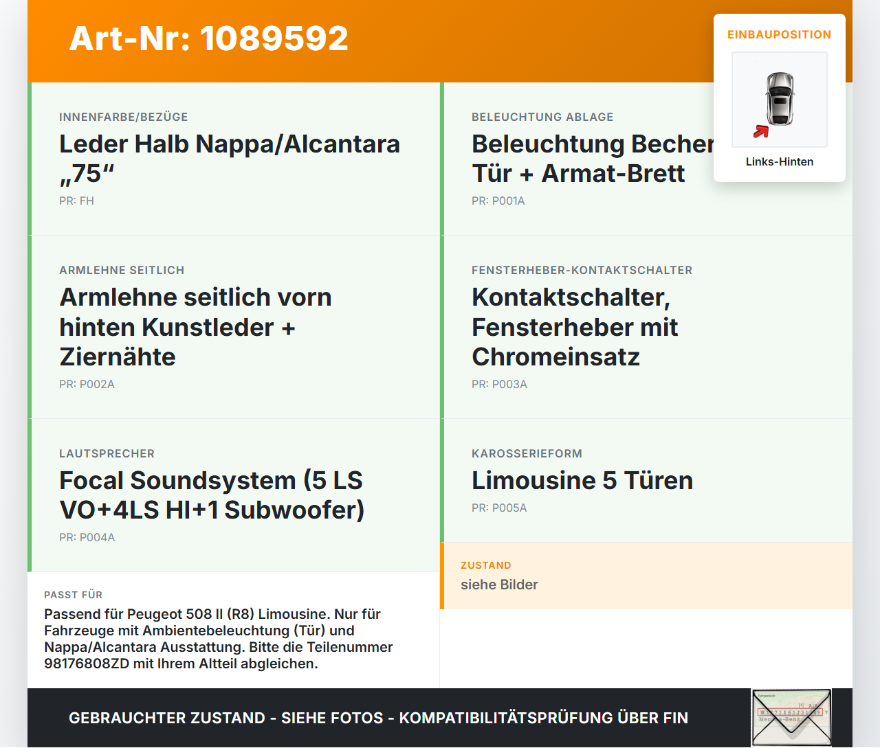 Peugeot 508 II 18-23 Lim Türverkleidung Türpappe Links Hinten Peugeot 508 II 18-23 16.07.2019 98176808ZD gebraucht Vorschau 3