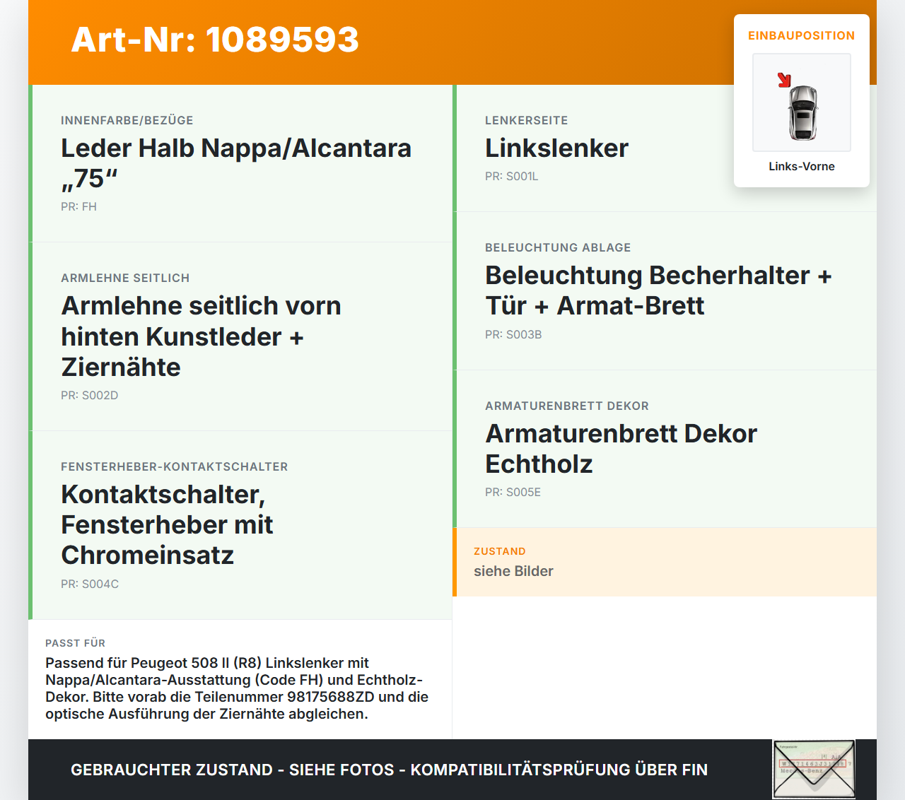 Peugeot 508 II 18-23 Lim Türverkleidung Türpappe Links Vorne Peugeot 508 II 18-23 16.07.2019 98175688ZD PN0-R8X-AVG... Vorschau 3