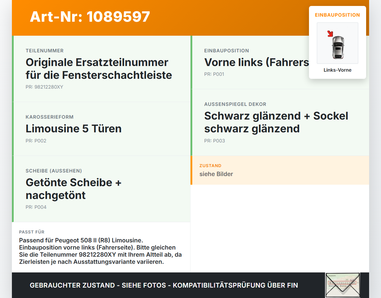Peugeot 508 II 18-23 Leiste Scheibendichtung für Tür Links Vorne Peugeot 508 II 18-23 16.07.2019 98212280XY 22576N... Vorschau 3