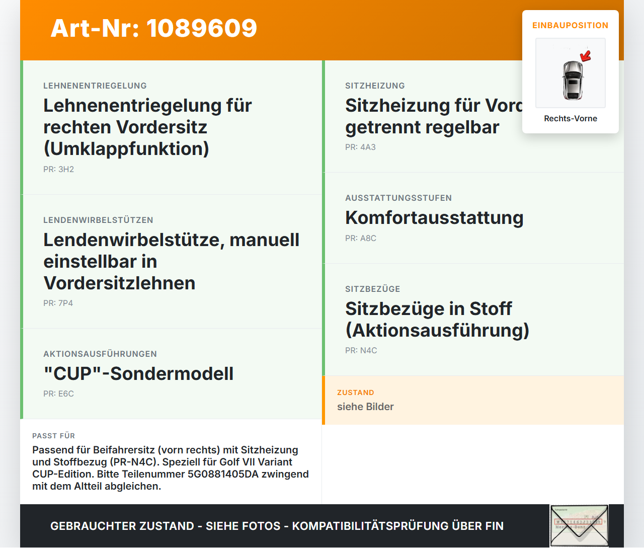 VW Golf VII 7 Variant 13-17 Kombi Sitzbezug Sitzpolster für Beifahrersitz Rechts Vorne beheizt VW Golf VII 7... Vorschau 3