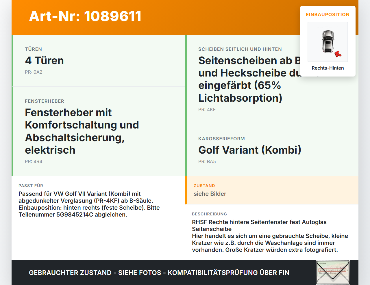 VW Golf VII 7 Variant 13-17 Kombi Seitenscheibe Feste Scheibe Rechts Hinten Orig. getönt VW Golf VII 7 Variant... Vorschau 3