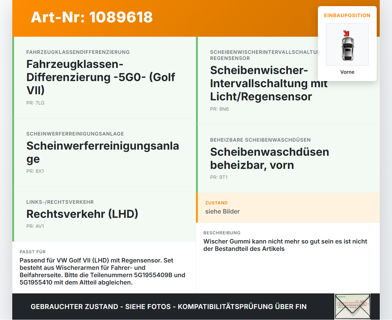 VW Golf VII 7 Variant 13-17 2x Scheibenwischer Wischarm Vorne VW Golf VII 7 Variant 13-17 11.11.2014 5G1955409B... Vorschau 3