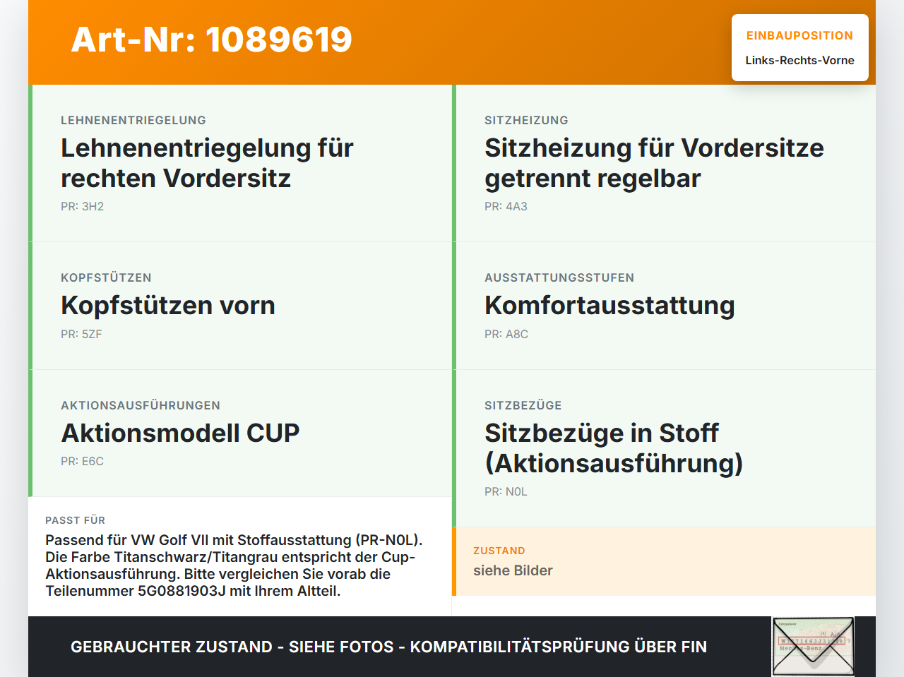 VW Golf VII 7 Variant 13-17 Kombi Kopfstütze für Beifahrer Sitz Rechts oder Links Vorne titanschwarz/titangrau VW... Vorschau 3