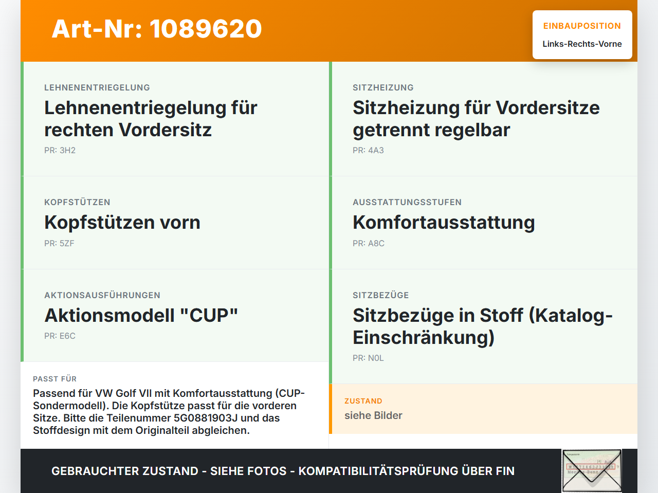 VW Golf VII 7 Variant 13-17 Kopfstütze für Fahrer Sitz Rechts oder Links Vorne VW Golf VII 7 Variant 13-17... Vorschau 3