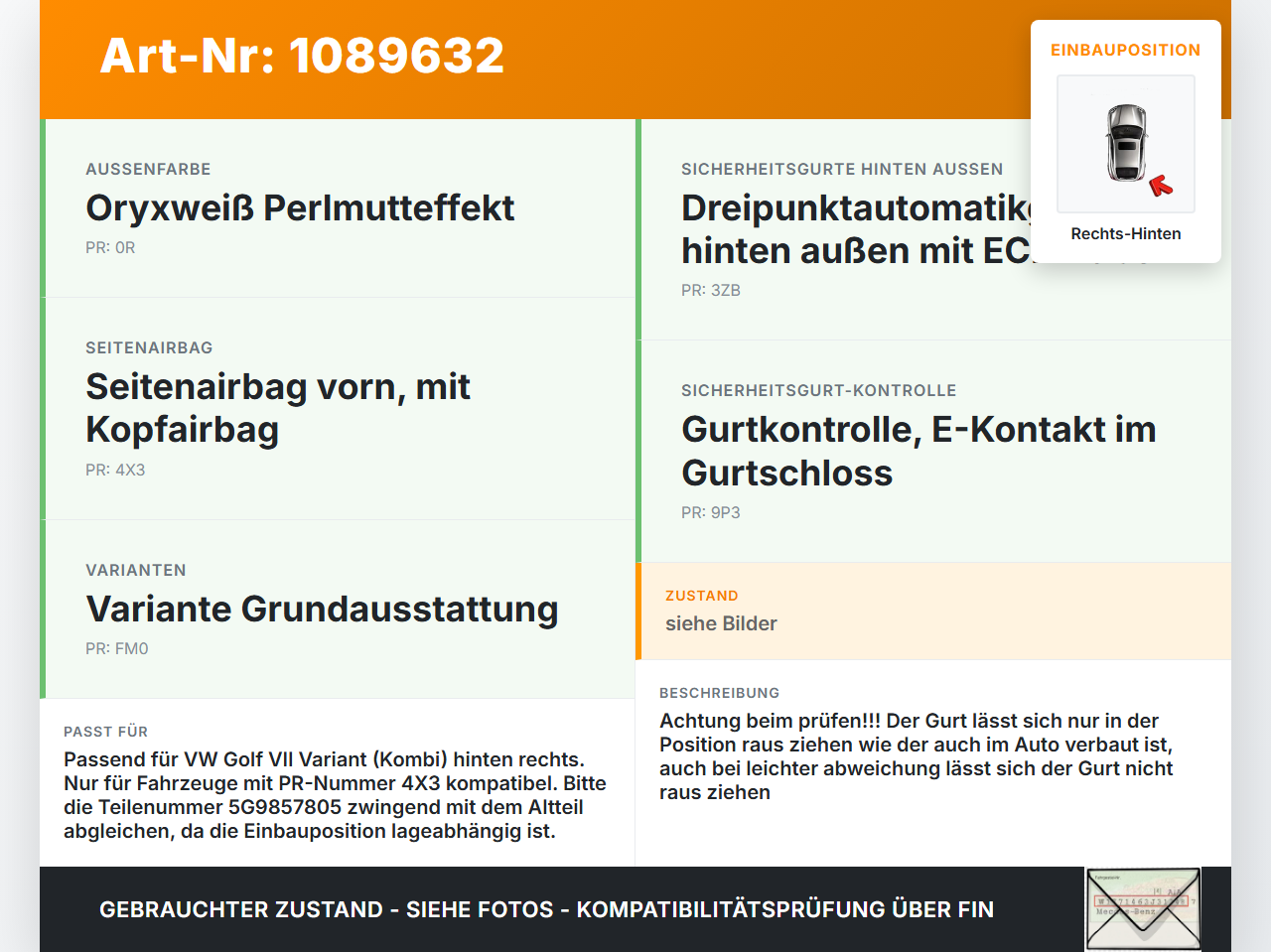 VW Golf VII 7 Variant 13-17 Kombi Gurt Sicherheitsgurt Rechts Hinten VW Golf VII 7 Variant 13-17 11.11.2014... Vorschau 3