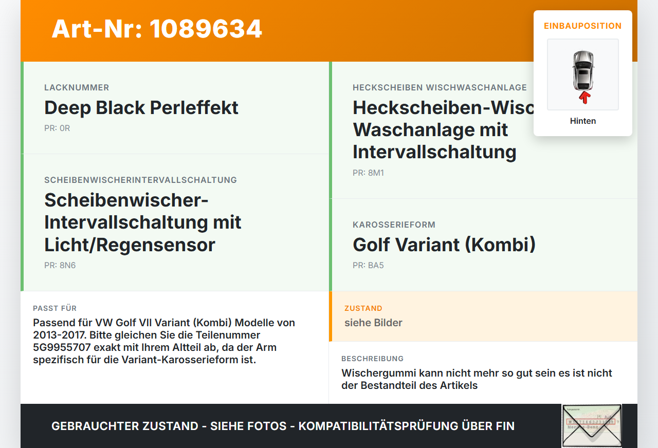 VW Golf VII 7 Variant 13-17 Kombi Heckwischer Scheibenwischer Hinten Wischarm VW Golf VII 7 Variant 13-17... Vorschau 3