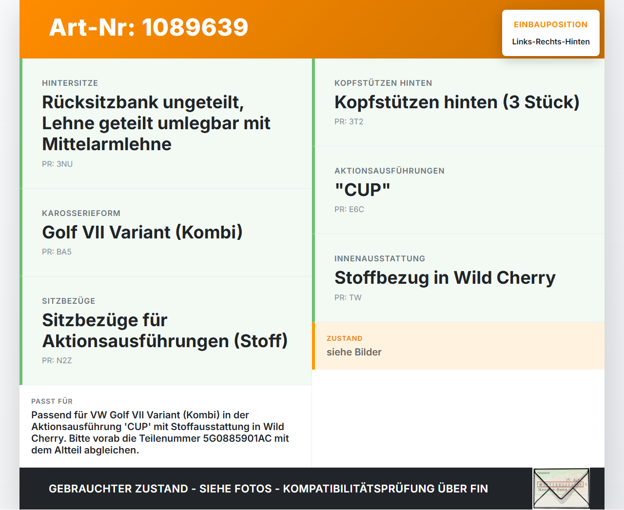 VW Golf VII 7 Variant 13-17 Kopfstütze Rechts oder Links Hinten VW Golf VII 7 Variant 13-17 11.11.2014 5G0885901AC... Vorschau 3