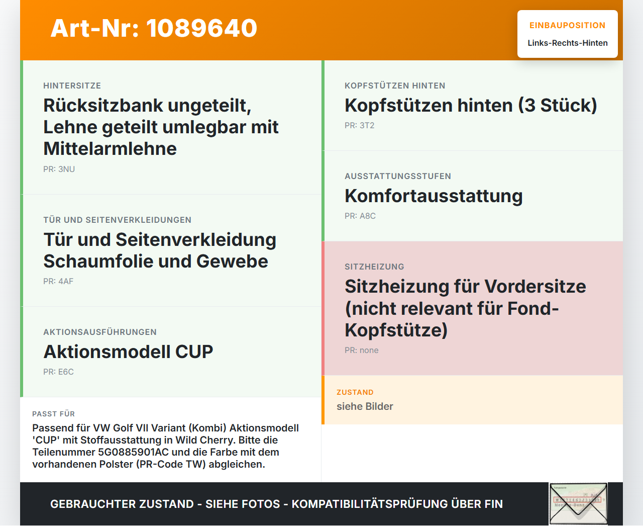 VW Golf VII 7 Variant 13-17 Kopfstütze Rechts oder Links Hinten VW Golf VII 7 Variant 13-17 11.11.2014 5G0885901AC... Vorschau 3