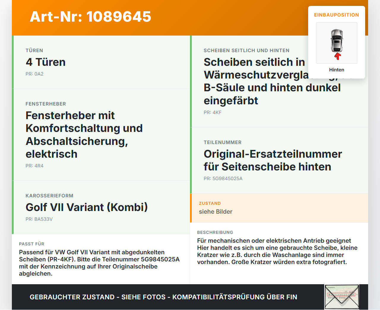 VW Golf VII 7 Variant 13-17 Kombi Seitenscheibe Türscheibe Linkls Hinten VW Golf VII 7 Variant 13-17 11.11.2014... Vorschau 3