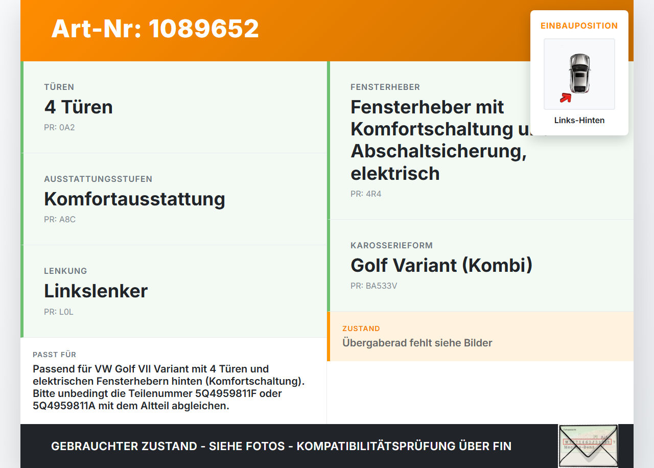 VW Golf VII 7 Variant 13-17 Kombi Fensterhebermotor Links Hinten VW Golf VII 7 Variant 13-17 11.11.2014 5Q4959811F... Vorschau 3