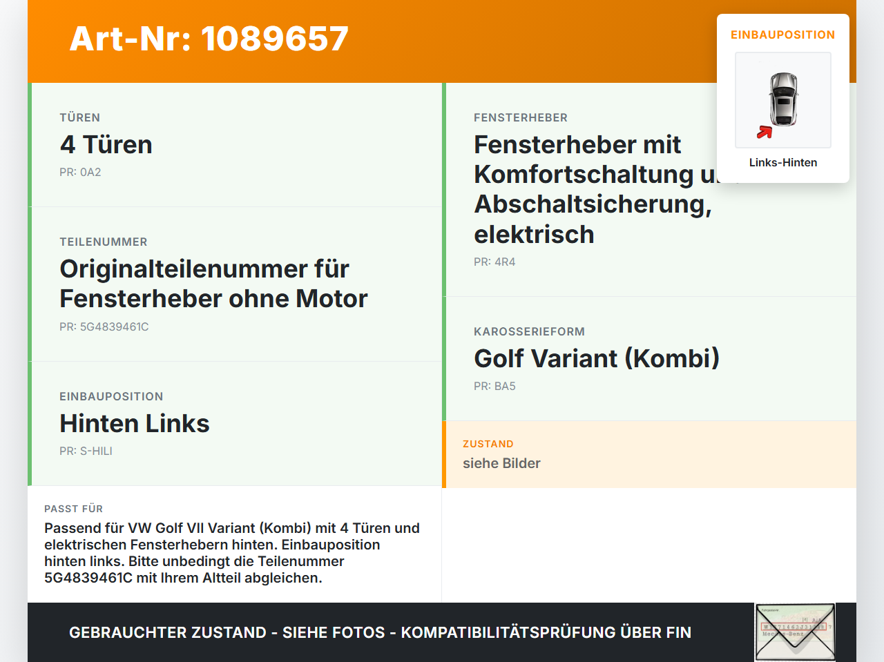 VW Golf VII 7 Variant 13-17 Kombi Fensterheber o. FH-Motor Hinten Links VW Golf VII 7 Variant 13-17 11.11.2014... Vorschau 3
