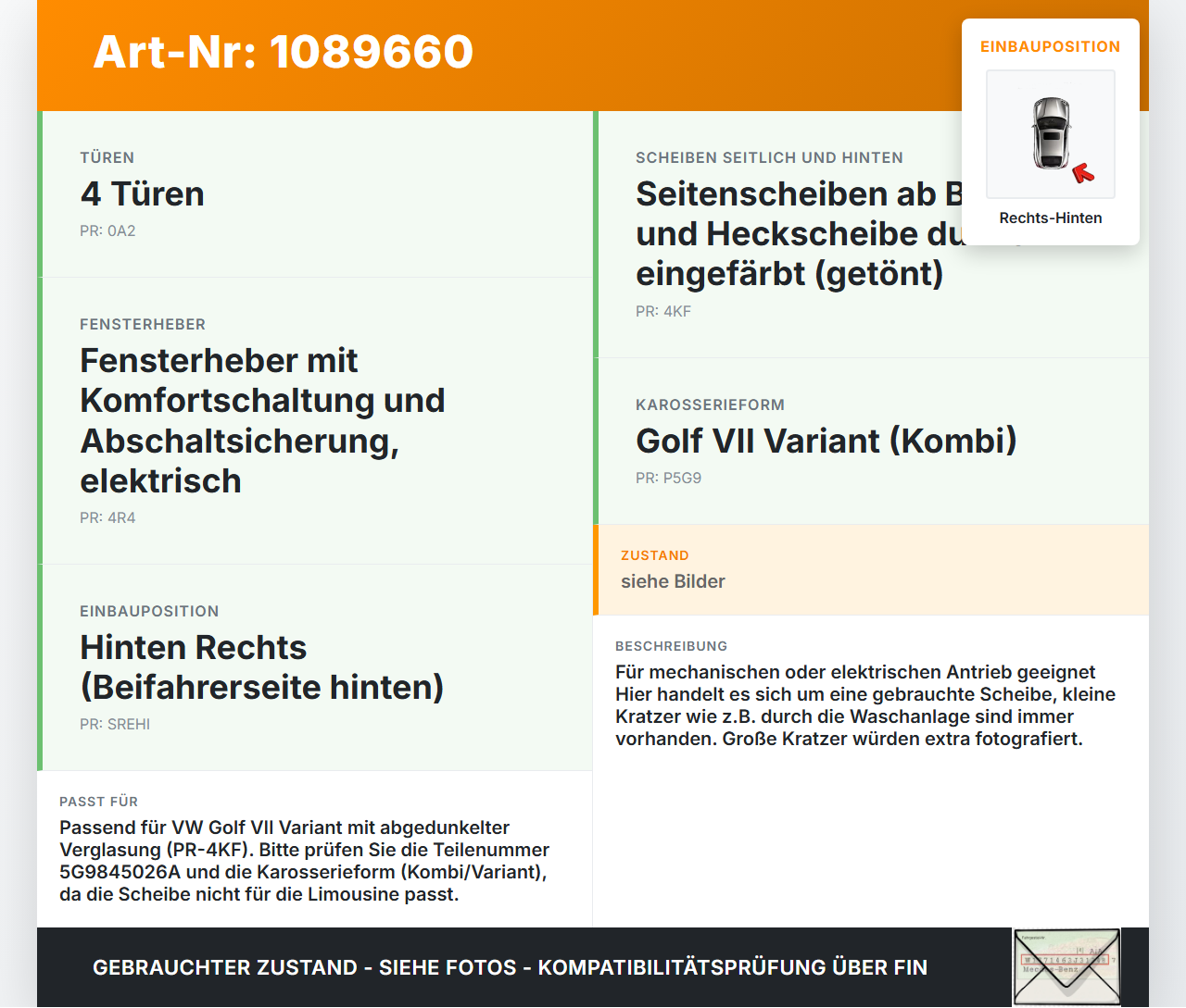 VW Golf VII 7 Variant 13-17 Kombi Seitenscheibe RHK Türscheibe Rechts Hinten Orig. getönt VW Golf VII 7 Variant... Vorschau 3