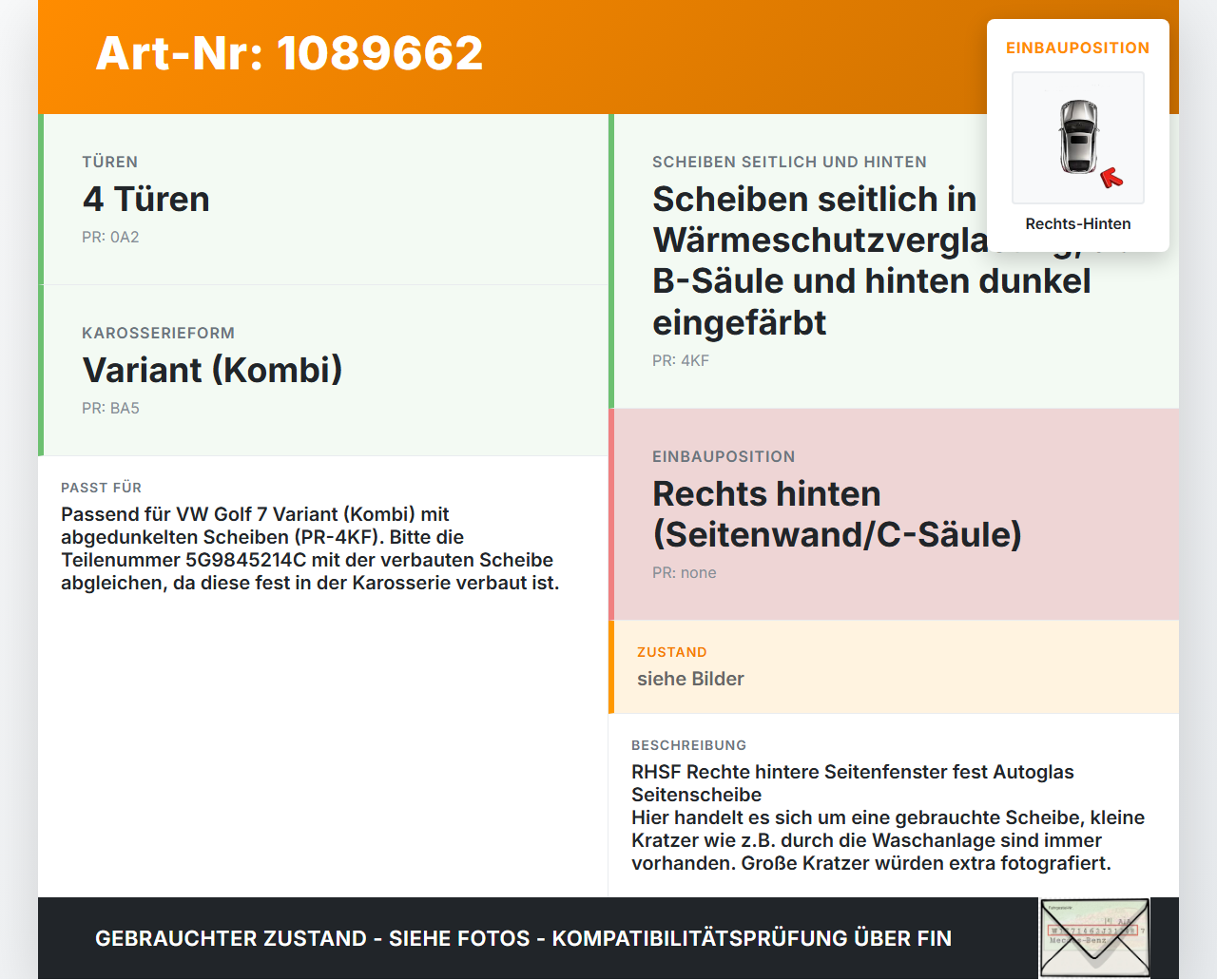 VW Golf VII 7 Variant 13-17 Kombi Seitenscheibe Feste Scheibe Rechts Hinten VW Golf VII 7 Variant 13-17 11.11.2014... Vorschau 3