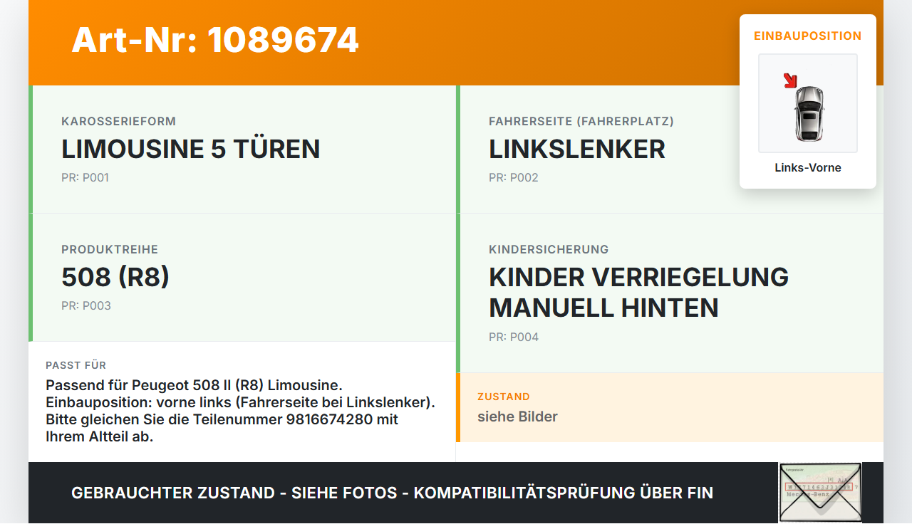 Peugeot 508 II 18-23 Lim Türfangband Türbremse Türanschlag Links Vorne Peugeot 508 II 18-23 16.07.2019 9816674280... Vorschau 3