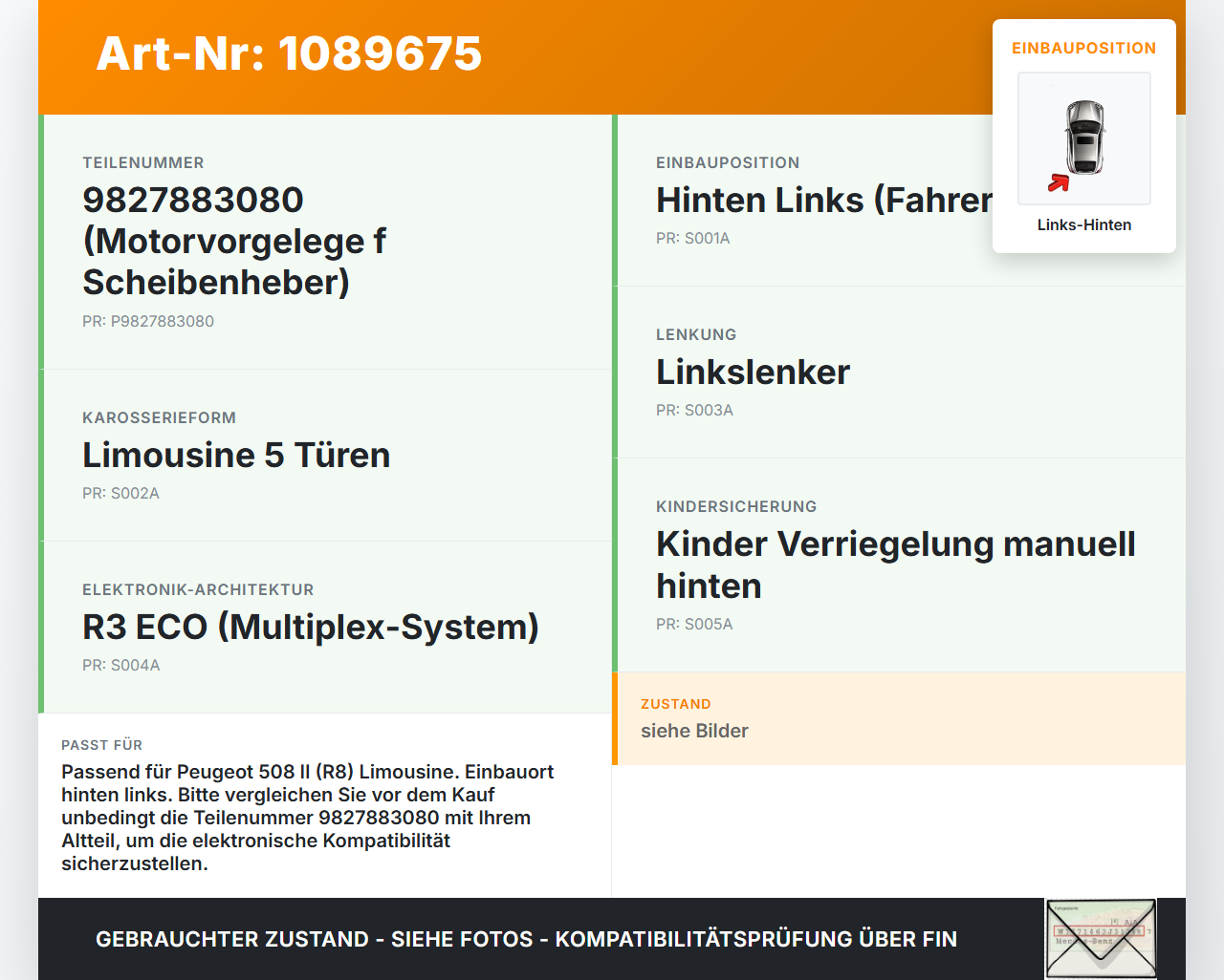 Peugeot 508 II 18-23 Lim Fensterhebermotor Links Hinten Peugeot 508 II 18-23 16.07.2019 9827883080 402930J gebraucht Vorschau 3