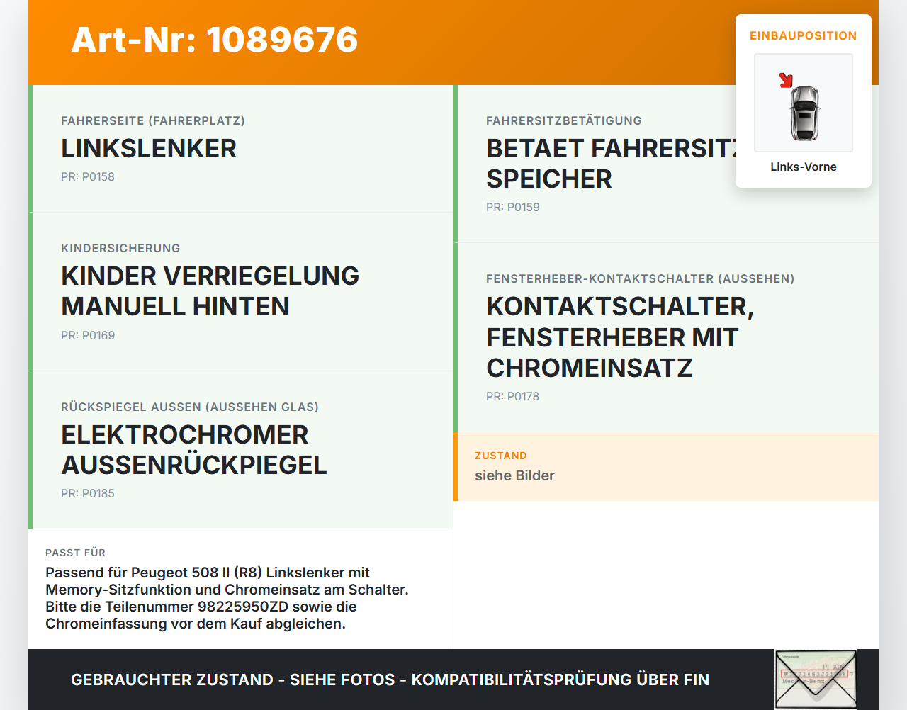 Peugeot 508 II 18-23 Lim Fensterheberschalter Schalter Links Vorne Peugeot 508 II 18-23 16.07.2019 98225950ZD... Vorschau 3