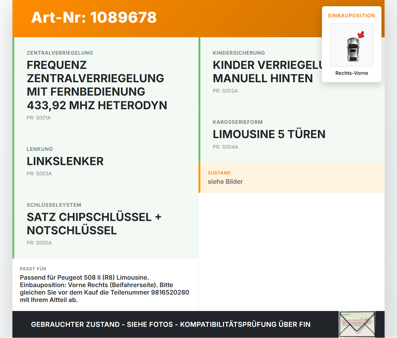 Peugeot 508 II 18-23 Lim Türschloss m. ZV Stellmotor Rechts Vorne Peugeot 508 II 18-23 16.07.2019 9816520280... Vorschau 3