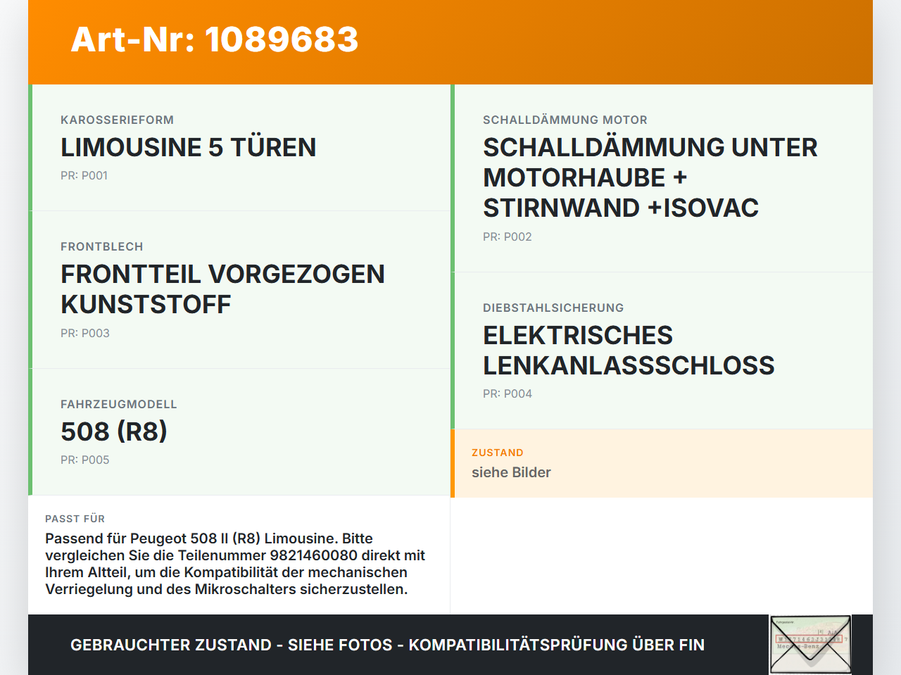 Peugeot 508 II 18-23 Haubenschloss Motorhaubenschloss Schloss Peugeot 508 II 18-23 16.07.2019 9821460080 gebraucht Vorschau 3